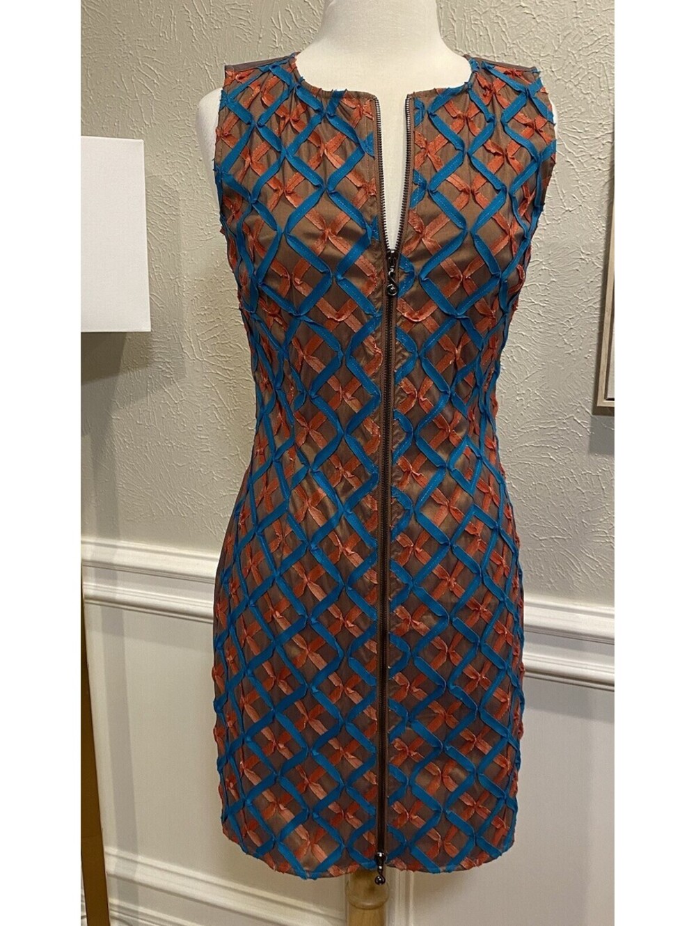 Samuel Dong XS Ribbon Full Zip Dress Iridescent Taffeta Art To Wear Brown Blue
